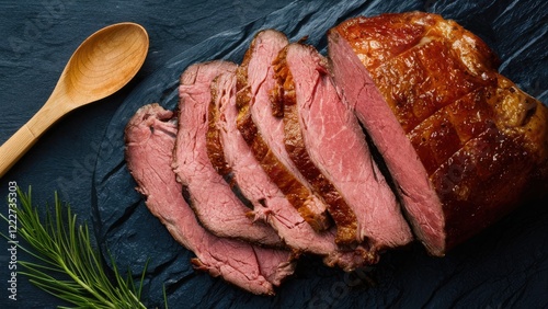 Closeup of beautifully sliced roast beef with a glossy crust, arranged on a dark slate surface, complemented by a wooden spoon and fresh greenery. photo