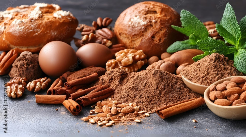 Delicious Chocolate Cocoa Powder Cinnamon Buns Nuts Almonds Baking Ingredients