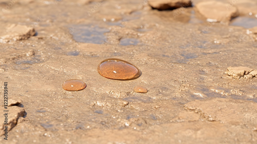 Amber Liquid Drops on Dry Cracked Earth Ground Amber Liquid Drops on Dry Cracked Earth Ground