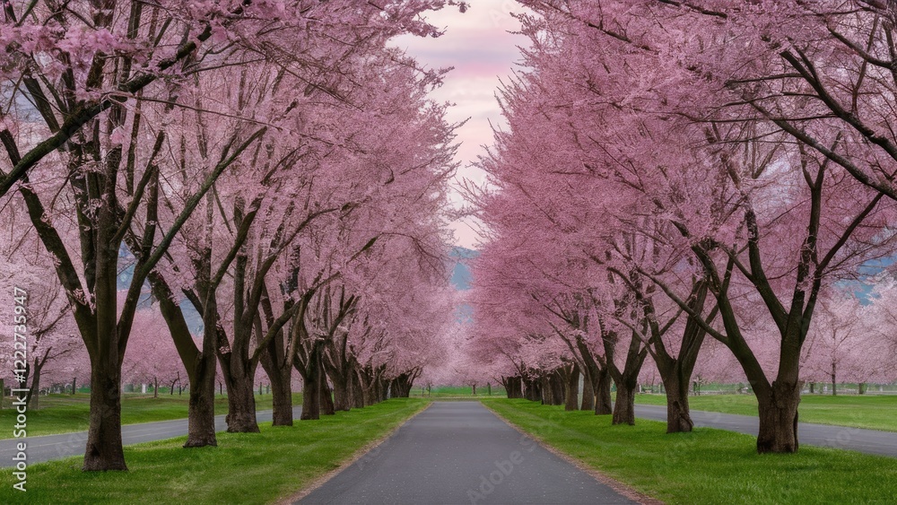 Blossoming cherry trees lined along a tranquil path with vibrant pink blooms and lush green grass under a soft pastel sky at dawn. Blossoming cherry trees lined along a tranquil path with vibrant pink blooms and lush green grass under a soft pastel sky at dawn.