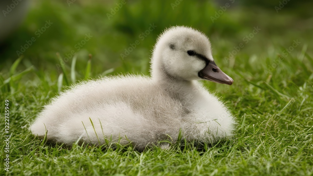 Cygnet resting peacefully on vibrant green grass under soft morning light with delicate textures and subtle colors in close-up view Cygnet resting peacefully on vibrant green grass under soft morning light with delicate textures and subtle colors in close-up view