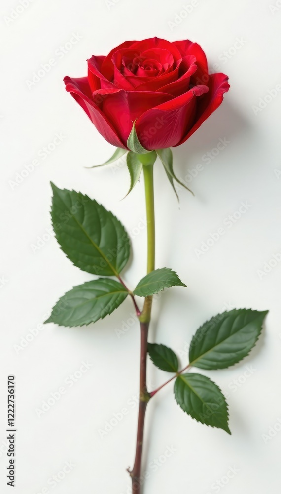 Naklejka premium A single red rose on a simple white background, bloom, rose, petal