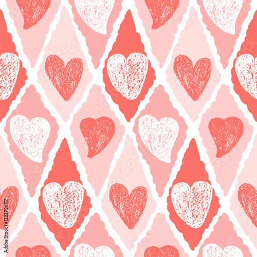 Hearts crayon drawn seamless pattern on rhombus doodle frames. Valentines day repeat background. Love symbols endless backdrop. Surface pattern design romantic date motif. Vector hand drawn cover.