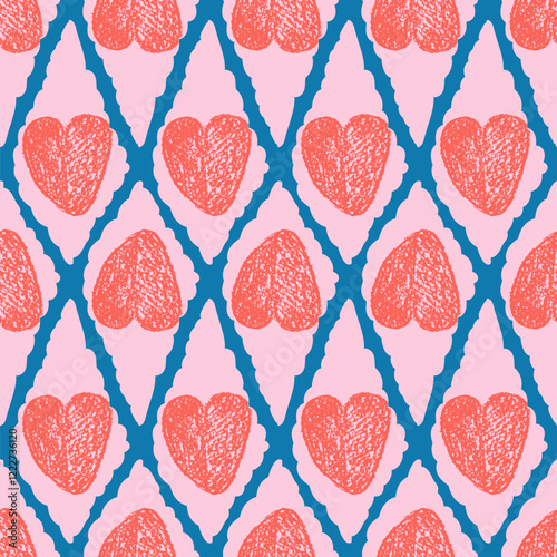 Hearts crayon drawn seamless pattern on rhombus doodle frames. Valentines day repeat background. Love symbols endless backdrop. Surface pattern design romantic date motif. Vector hand drawn cover.