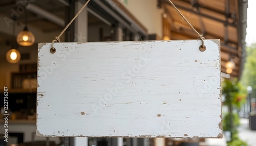 Weathered white blank wooden signboard mockup hangs on shop or cafe outdoor, empty business signage advertisement, billboard or offer board
