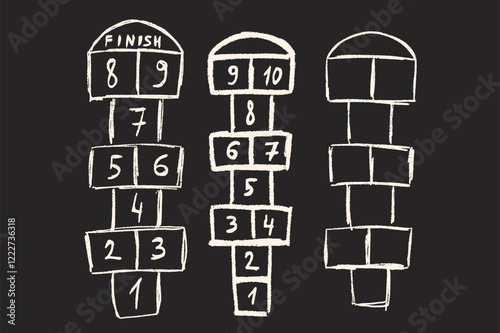 Hopscotch games chalk drawn set isolated on dark background. Children playground outdoor entertainment. Vector colorful wax crayon handwritten illustration.