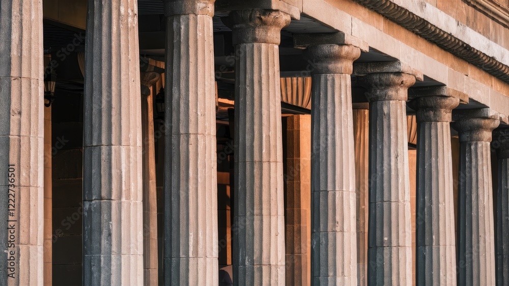 Obraz premium Stone pillars in warm sunset light, positioned vertically in a structured row, showcasing intricate details and shadows against a softly illuminated background.