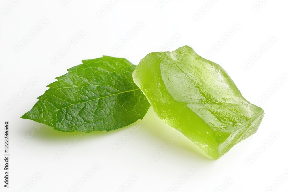 A green gel-like substance next to a fresh mint leaf, suggesting a connection to nature. A green gel-like substance next to a fresh mint leaf, suggesting a connection to nature.