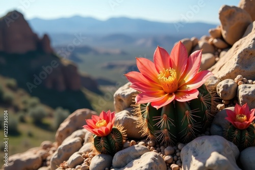 Blooming cholla cactus on a rocky outcropping, succulent, flower