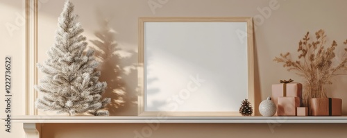 Elegant holiday decor with frosted pine tree, gifts, and blank frame in cozy setting