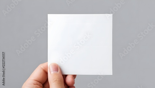 Hand holding white blank square card or paper mockup isolated on grey background, empty page branding document mockups for invitation message photo