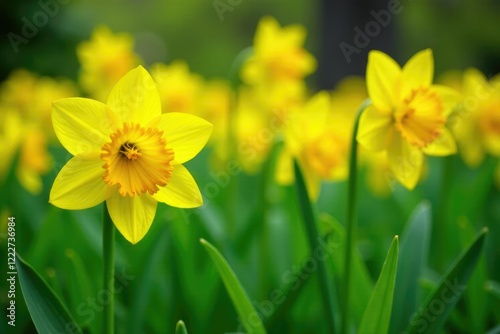 Bright yellow flowers blooming in a field of lance-shaped leaves, garden, bloom, spring