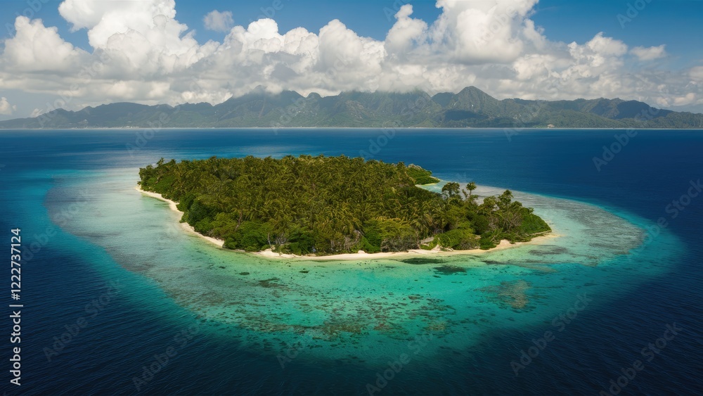 Fototapeta premium Aerial view of a lush green island surrounded by turquoise waters and sandy shores under a bright blue sky with fluffy white clouds.