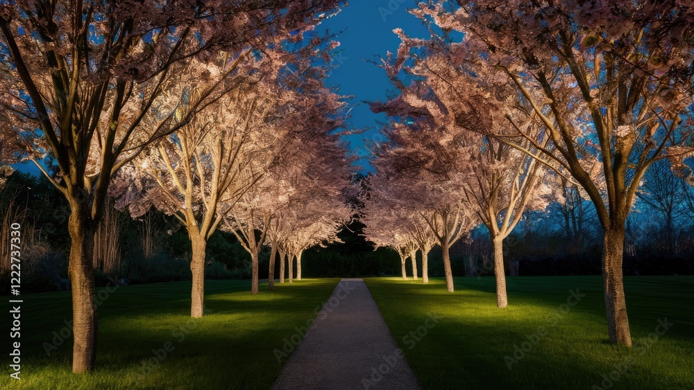 Fototapeta premium Cherry blossom trees illuminated at dusk line a garden pathway with soft pink blooms and green grass creating a serene, enchanting atmosphere.