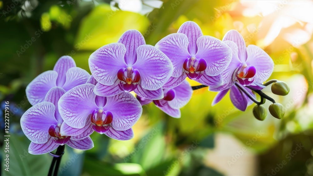 Purple orchid flowers arranged horizontally on a soft green background with sunlight creating a warm glow showcasing vibrant natural beauty. Purple orchid flowers arranged horizontally on a soft green background with sunlight creating a warm glow showcasing vibrant natural beauty.