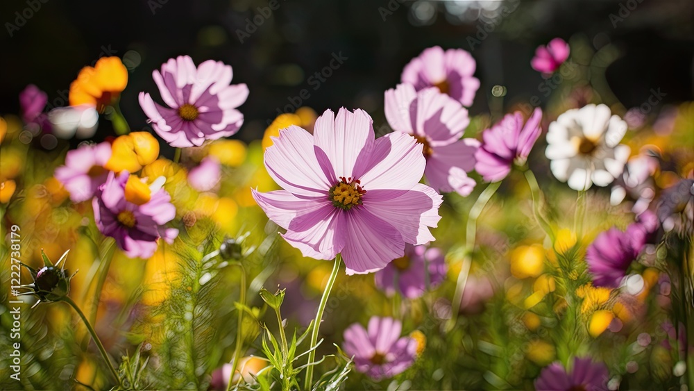 Fototapeta premium Vibrant cosmos flowers in various shades of pink and yellow bloom in a sunlit field, surrounded by lush green foliage and soft bokeh background.