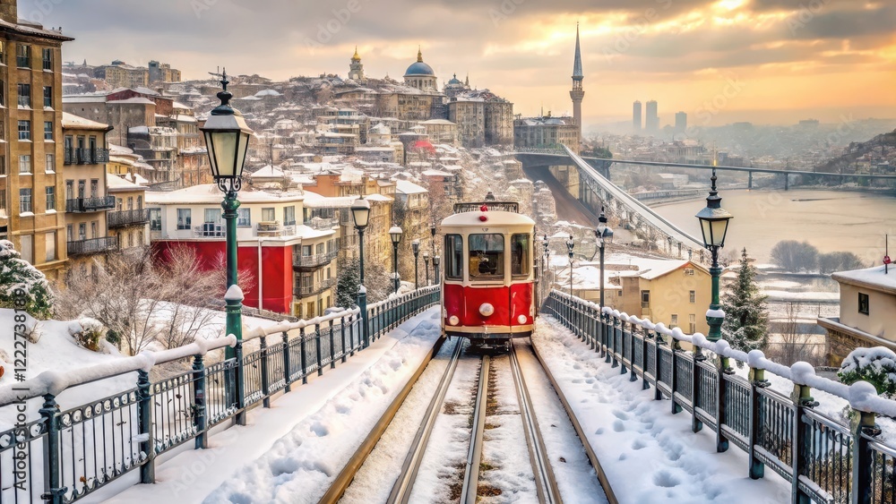 Obraz premium Snowy tramway in Istanbul's historic district, with ornate bridges and steep hills in the background