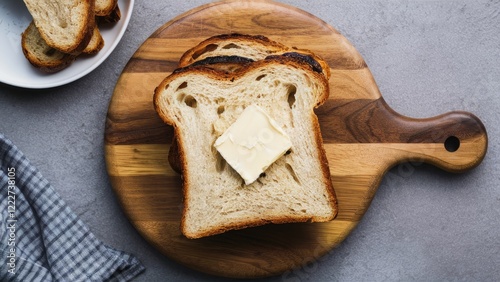 Close-up of a toasted bread slice with butter on a wooden cutting board, gray background, complemented by a plate of extra toast in the background. photo