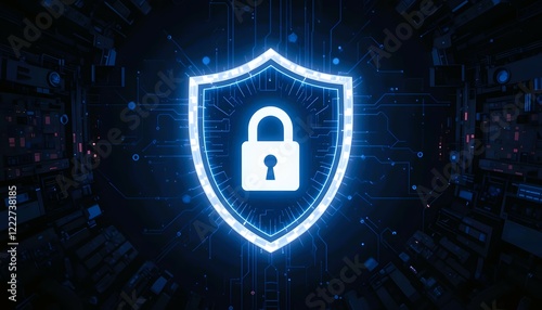 Digital security glowing blue shield icon with padlock isolated on dark background. data protection, internet safety, cybersecurity & online confidentiality business