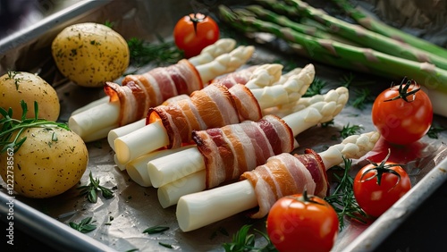 Crispy white asparagus wrapped in bacon with herbed potatoes and cherry tomatoes arranged on a baking sheet featuring green asparagus in background photo