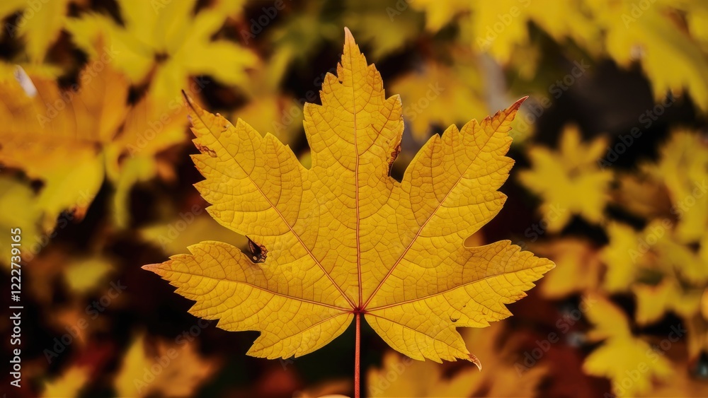 Vibrant yellow maple leaf in sharp focus against a blurred background of golden autumn leaves showcasing intricate textures and details Vibrant yellow maple leaf in sharp focus against a blurred background of golden autumn leaves showcasing intricate textures and details