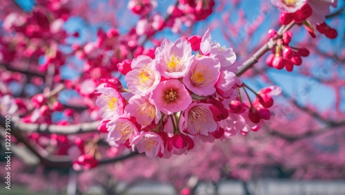 Vibrant pink blossoms cluster on a branch of a sand cherry tree against a blue sky, capturing the essence of spring's beauty and renewal. photo