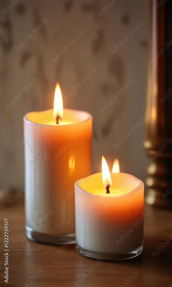 Gentle warmth and soft light from a burning candle , soothing, serene Gentle warmth and soft light from a burning candle , soothing, serene