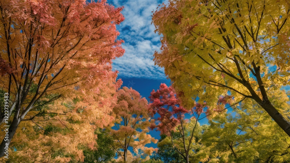 Vibrant autumn trees with red, orange, and yellow leaves framed by a clear blue sky and fluffy clouds, captured from below with selective focus. Vibrant autumn trees with red, orange, and yellow leaves framed by a clear blue sky and fluffy clouds, captured from below with selective focus.