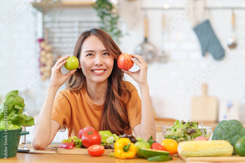 portrait smiling young woman having fun with food vegetables in the kitchen,healthy food,vitamin,health care,beauty,health