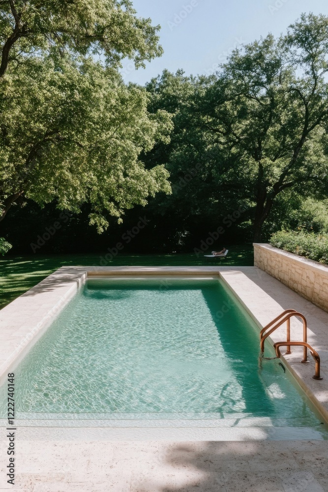 Inviting swimming pool surrounded by lush green trees on sunny day Inviting swimming pool surrounded by lush green trees on sunny day
