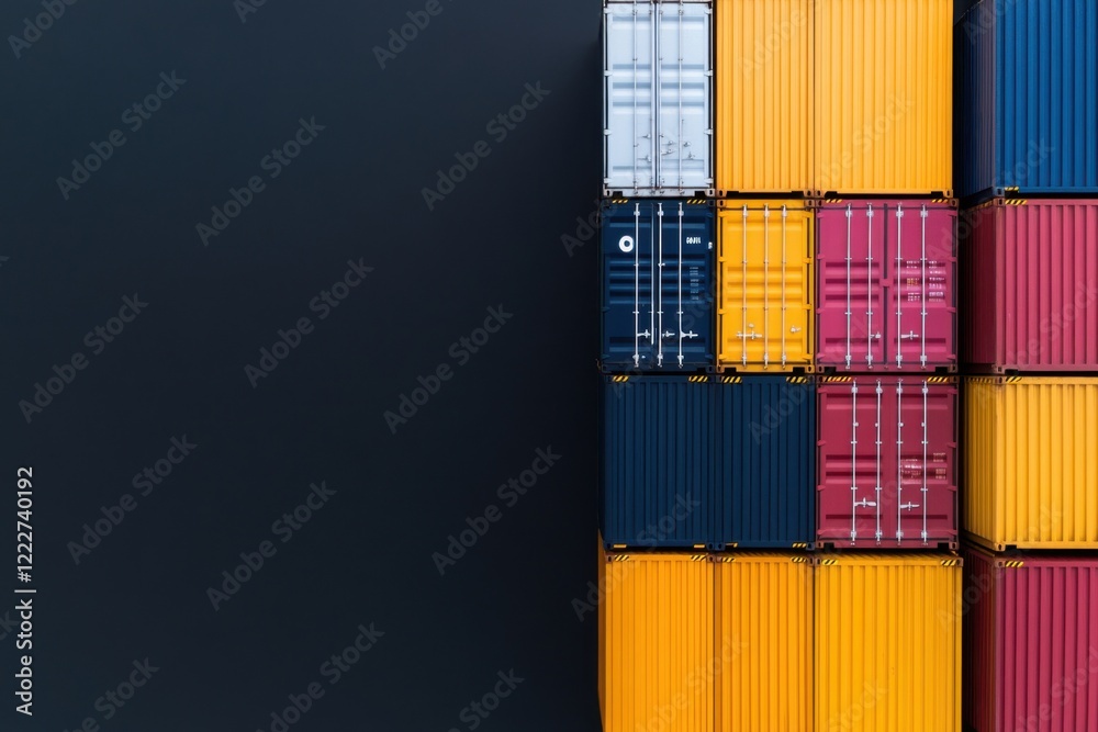 Fototapeta premium Stacked cargo containers forming a colorful pattern on a dark background