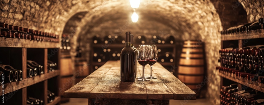 Obraz premium Rustic wine cellar with wooden table, bottle, and glasses in stone vaulted room