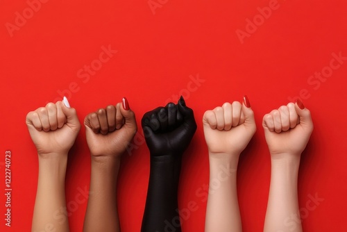 Raised fists showing strength and protest on red background photo