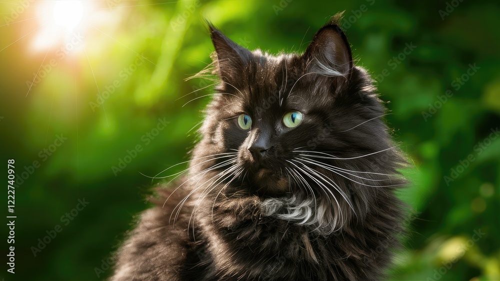 Black fluffy cat with striking green eyes, positioned slightly left in a lush green background, illuminated by warm sunlight in the top left corner. Black fluffy cat with striking green eyes, positioned slightly left in a lush green background, illuminated by warm sunlight in the top left corner.