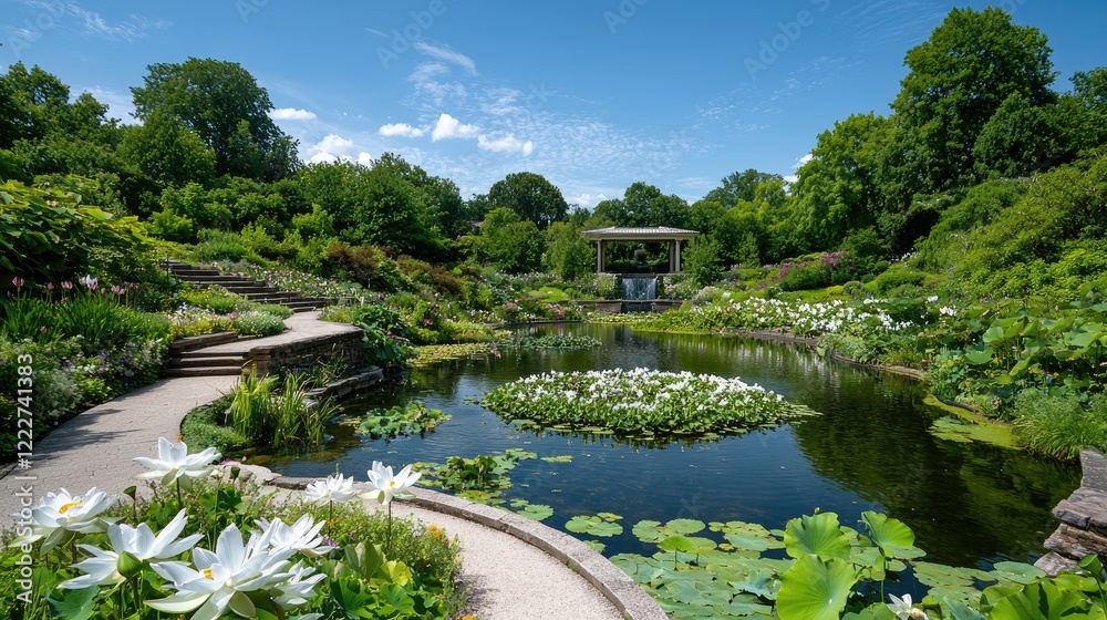 Serene garden pond, summer blooms, gazebo, path. Perfect for travel brochures Serene garden pond, summer blooms, gazebo, path. Perfect for travel brochures