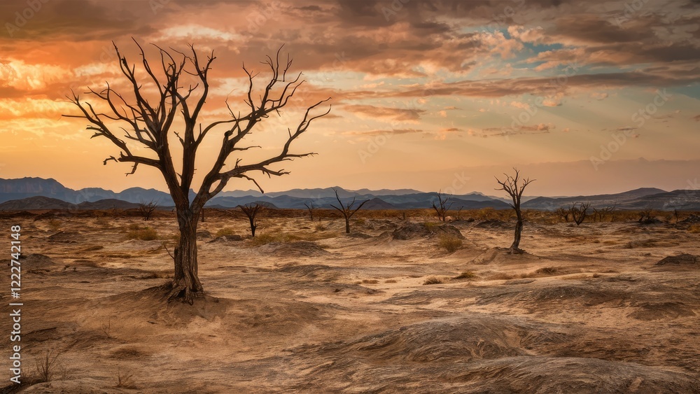 Barren dry landscape at sunset with silhouetted dead trees against orange and blue sky showcasing an arid environment devoid of life Barren dry landscape at sunset with silhouetted dead trees against orange and blue sky showcasing an arid environment devoid of life