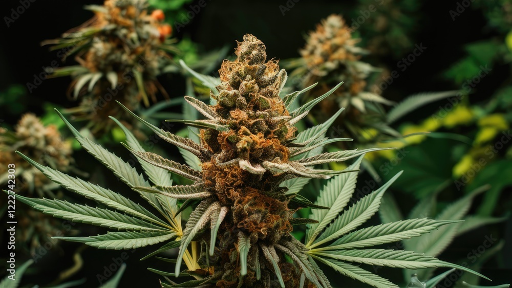 Close-up of lush green cannabis plant featuring vibrant orange and brown buds, with detailed leaf structure, set against a dark green background. Close-up of lush green cannabis plant featuring vibrant orange and brown buds, with detailed leaf structure, set against a dark green background.