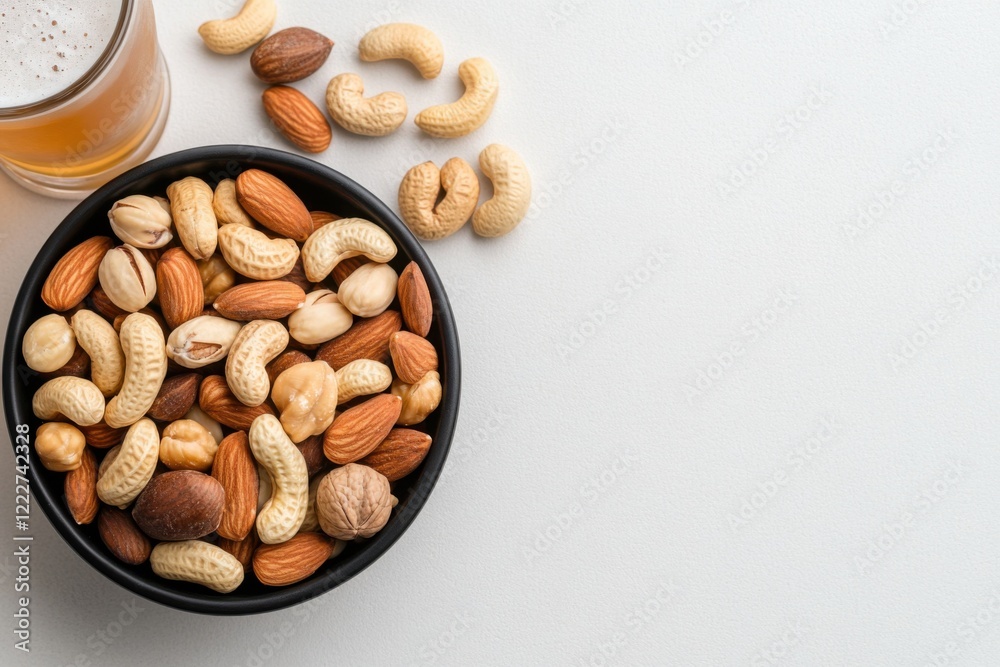 Glass of beer accompanying a bowl of mixed nuts on white background Glass of beer accompanying a bowl of mixed nuts on white background