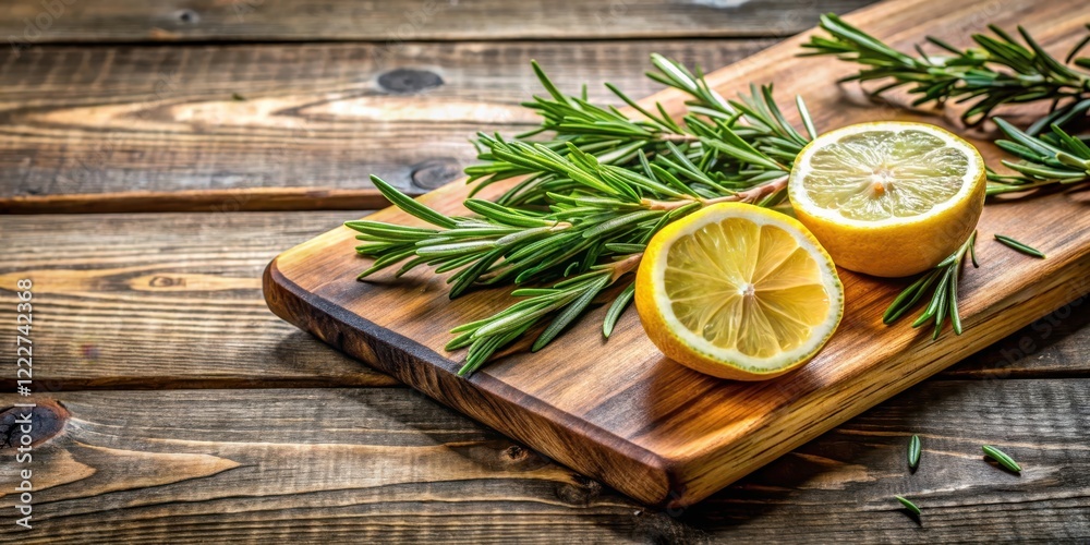Fresh rosemary sprigs and lemon wedges on a rustic wooden cutting board, still life, fresh, still life, fresh Fresh rosemary sprigs and lemon wedges on a rustic wooden cutting board, still life, fresh, still life, fresh