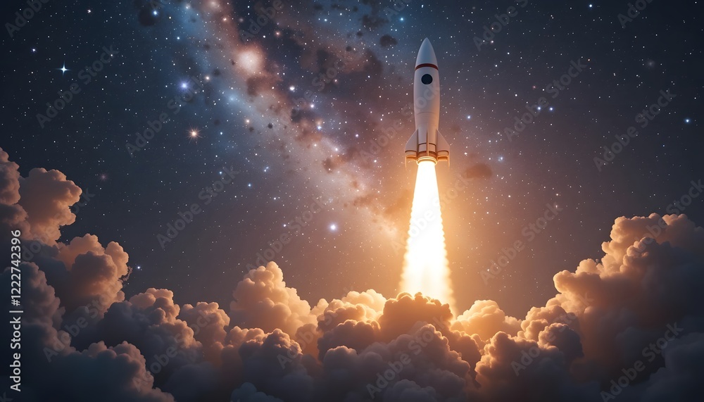 Vibrant rocket launch piercing dramatic clouds & smoke, magical stars nebula in space, universe mysterious cosmology or astronomy 
