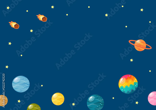 カラフルな惑星と星や隕石のコピースペースのあるベクターイラスト04