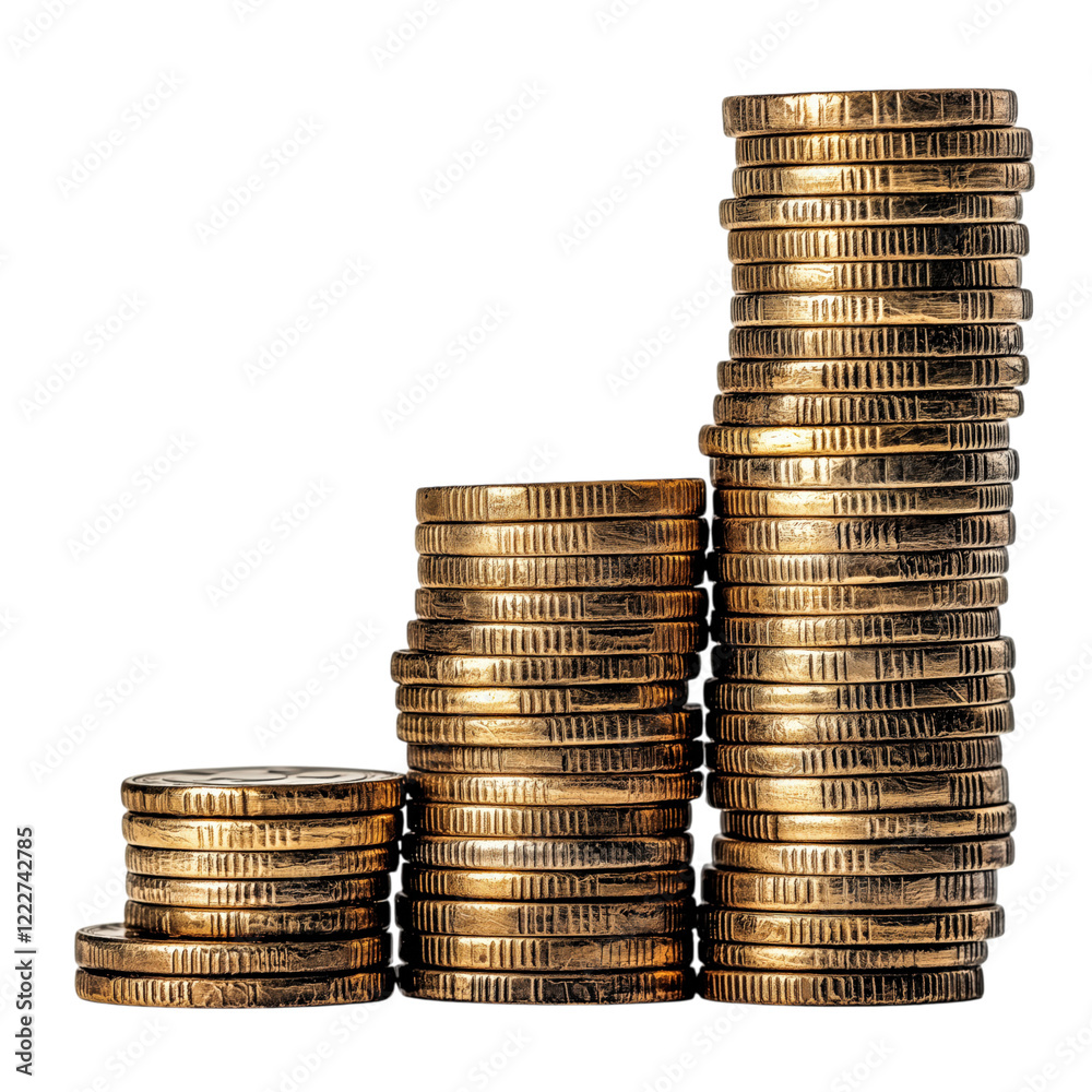 Stacked gold coins arranged in descending order, isolated on a transparent background. Ideal for concepts like finance, savings, investment, and economic growth. Stacked gold coins arranged in descending order, isolated on a transparent background. Ideal for concepts like finance, savings, investment, and economic growth.