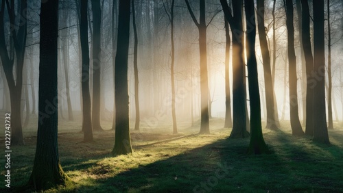 Misty woodland scene with gentle sunlight filtering through tall trees creating soft shadows on lush green moss and ground in early morning light photo