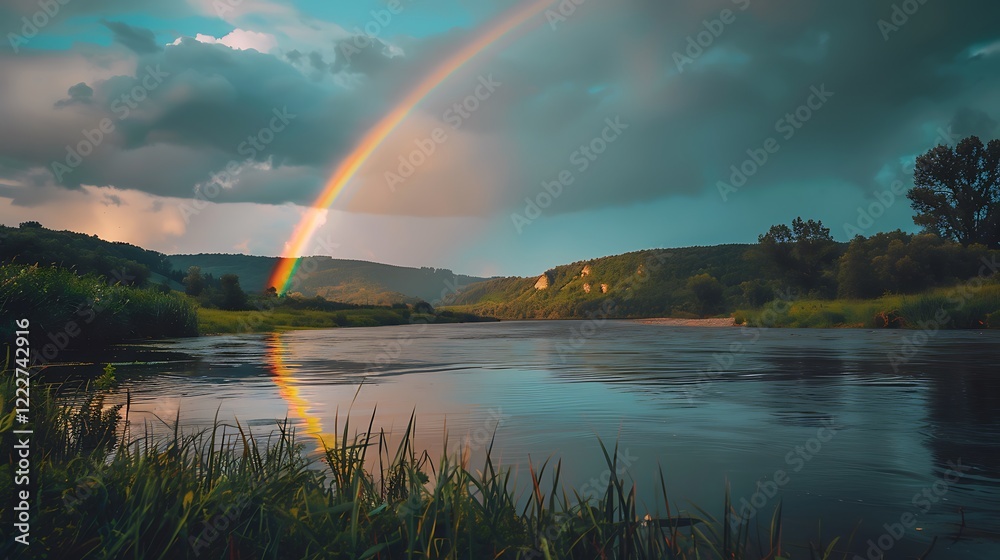 Rainbow glowing in the sky above a peaceful riverbank post-rainfall, shot with 35mm, f22, cinematic wide angle lens Rainbow glowing in the sky above a peaceful riverbank post-rainfall, shot with 35mm, f22, cinematic wide angle lens