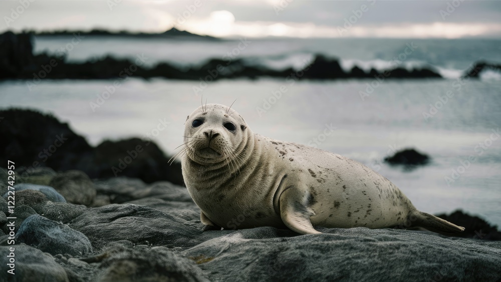 Fototapeta premium Solitary seal resting on gray rocky shoreline with soft waves in background under a cloudy sky, featuring shades of gray and blue.