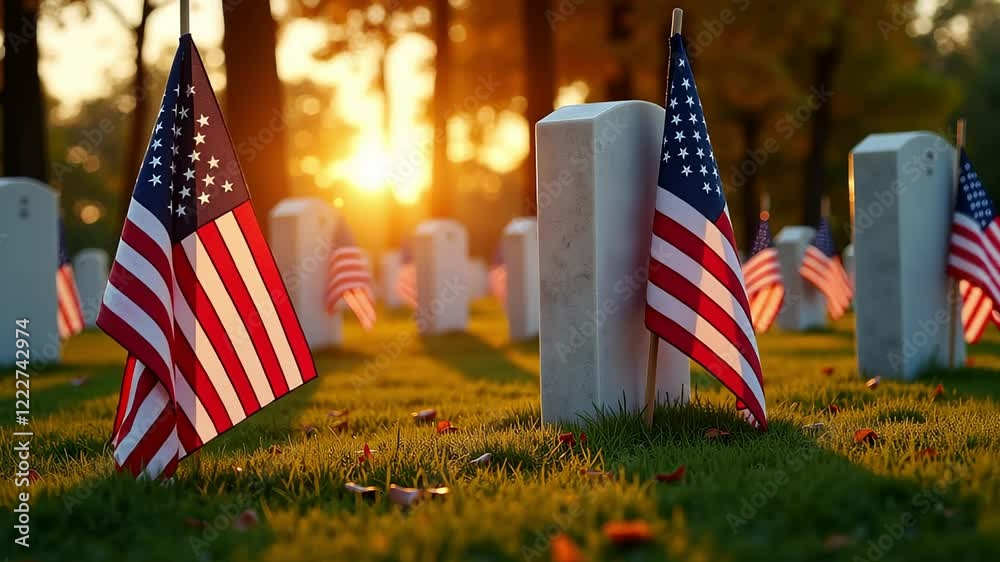Arlington cemetery with American flags at sunset honors veterans. Military service honor.