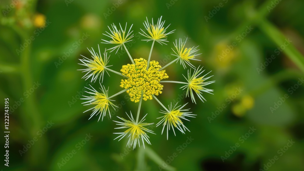 Dill plant in full bloom featuring yellow flowers with long white filaments against a lush green background showcasing nature's beauty. Dill plant in full bloom featuring yellow flowers with long white filaments against a lush green background showcasing nature's beauty.
