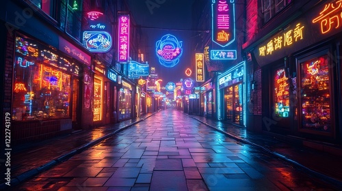 A background of bold neon signs in an urban alleyway.