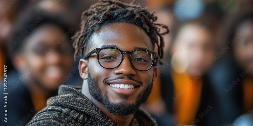 Smiling young man with glasses, confident mood, engaged audience, educational setting Smiling young man with glasses, confident mood, engaged audience, educational setting