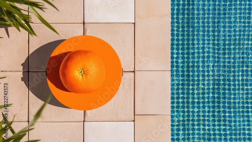 Bright orange orange resting on an orange circular plate placed beside a sparkling blue tiled swimming pool with beige tiles and green foliage. photo